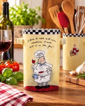 Ceramic Kitchen Utensil Holder Mud Pie Wine Saying Checkered Rim 7" Tall